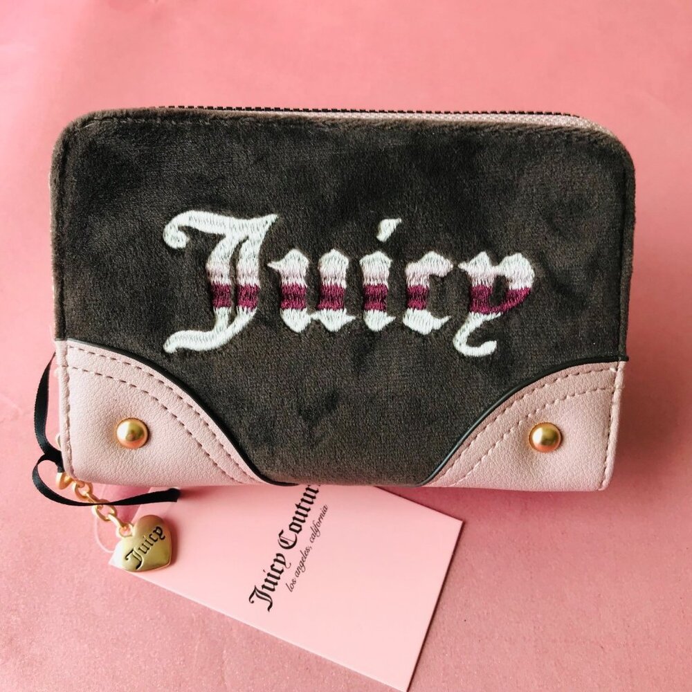 Juicy Couture Retro Vibe Double Medium Zip Around Wallet Velour Chocolate/Dusty